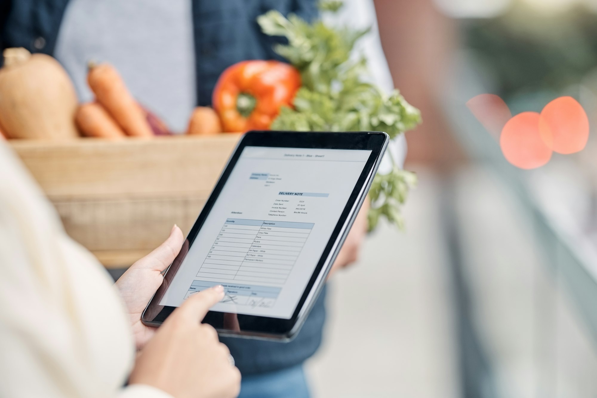 Tablet in hands, digital invoice and delivery man with small business stock, owner and supply chain